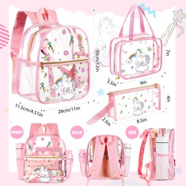 Eccliy 3 Pcs Pink Unicorn Backpack Set for Girls Toddler 12 Inch Clear Backpack for Stadium Events, Clear Small Cute Bag for School Sports Concert (Pink)