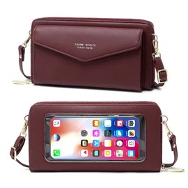 Faux Leather Crossbody Phone Bag for Women, RFID Blocking Touch Screen Wallet Shoulder Handbag with Clear Phone Window (Burgundy)