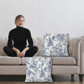 Exqcom Vintage Toile De Jouy Floral Pillow Covers 18x18 Set of 2, Blue and White French Country Throw Pillow Covers for Home Bedroom Living Room, French Country Decor, Botanical Decor