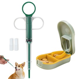 Duuclume 2 Pcs Pets Pill Shooter & Pill Crusher and Cutter,Pet Piller Gun for Tablets, Medical Feeding Dispenser Soft Tip Syringe for Cats & Dogs, Portable Pill Splitter Multifunction Pill Box Green