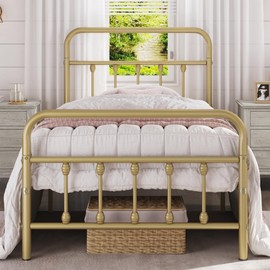 Yaheetech 2Pcs Twin Size Metal Platform Bed Frame with Victorian Style Iron-Art Headboard/Footboard/Under Bed Storage/No Box Spring Needed Antique Gold