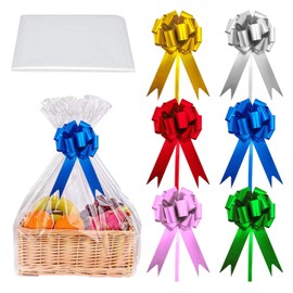 Yeqqzq 6 Pcs 30x40 Inches Extra Large Hamper Cellophane Wrap and Bow Set, Cellophane Bags for Gift Baskets