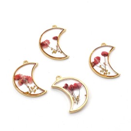 4PCS Gold Tone Real Dry Pressed Flower Resin Crescent Moon Charm Pendant GBY1302