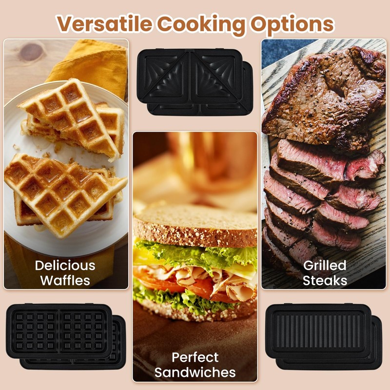 KOTEK 3 In 1 Sandwich Maker, Waffle Maker with Removable