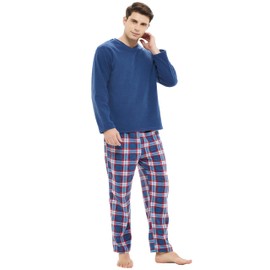 iceBoo Mens Fleece Pyjamas Set - V Neck Top & Plaid Bottoms with Side Pockets and Drawstring Fastening Waist - Comfortable Pyjamas for Men - Mens Pyjamas Set - FM77 - L