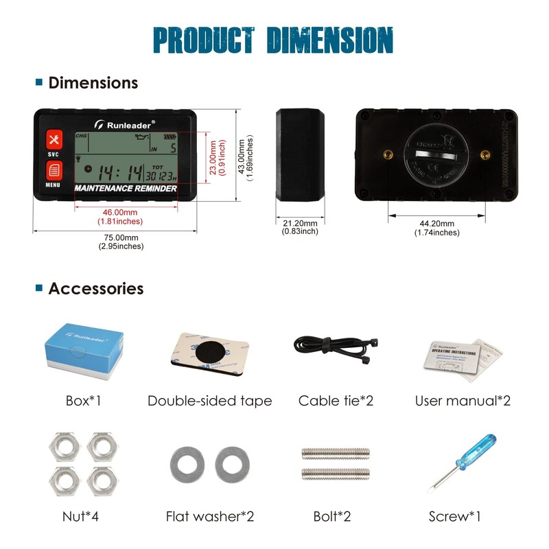 Runleader Digital Self Powered Hour Meter Tachometer,RPM Alert, Multiple Maintenance