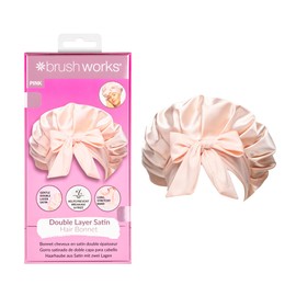 Brushworks Double Layer Satin Hair Bonnet (Ballet Pink) – Silky Sleep Cap with Stretchy Tie Ribbon Band for Frizz-Free, Smooth Hair – Prevents Breakage, Protects Curls and Retains Moisture