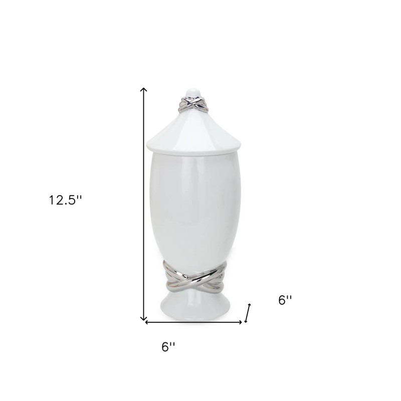Homeroots 13" White and Silver Abstract Oval Ceramic Ginger Jar