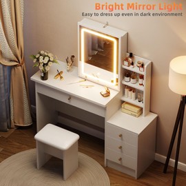 Memobarco Vanity Desk with Mirror and Lights, Makeup Vanity with 3 Adjustable Lighting Modes, Small Vanity Desk with Sliding Mirror, 4 Drawers, 7 Shelves, Vanity Chair for Bedroom White