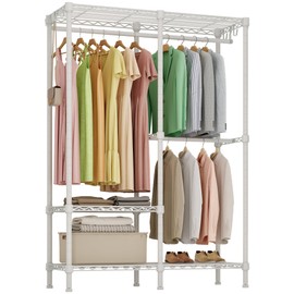 Higeego H18 Clothes Rack for Hanging Clothes, Heavy Duty Garment Rack, Portable Closet with Adjustable Shelves, Freestanding Wardrobe Closet for Bedroom Storage, White