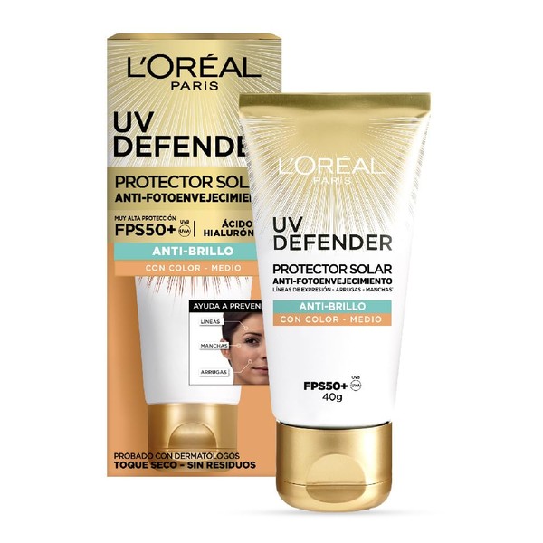 L'Oréal Paris Protector Solar Diario FPS50+ UV Defender Anti-Brillo Tono Medio, 40ml