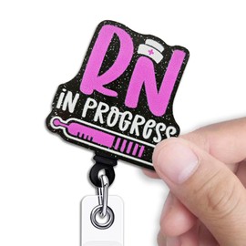 Funny Nursing Student Retractable Badge Reel, RN in Progress Black Glitter Badge Reel with Alligator Clip, Medical Graduate Gifts, Funny ID Card Holder Gifts for RN Nurse Doctor Assistant