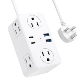 Kakyanill UK Adapters for Travel, US to UK Plug Adapter, 6 AC Outlets, 4 USB Ports (2 USB C), 3ft Wrapped Around Extension Cord, Type G Plug Adapter, for UK Ireland Hong Kong Travel