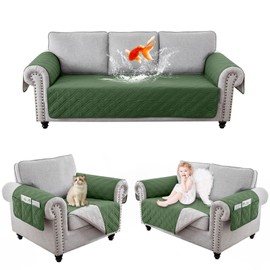 RAPRAP 100% Waterproof Armchair Cover with Side Pockets, Washable Anti-slip Chair Cover for Single Sofa Couch, Furniture Protector Cover for Pets Children Dog Cat,Green,1 Seater