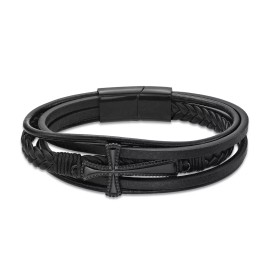 Lavari Jewelers Genuine Black Leather and Black Ion Plated Stainless Steel Bracelet- 8.5 Inch