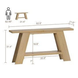 Treocho 63 Inch Long Console Tables for Entryway, 2-Tier Modern Wood Sofa Table with Shelf Behind Couch, Contemporary Narrow Entryway Table for Living Room, Hallway, Entrance, Hallway, Entrance, Oak