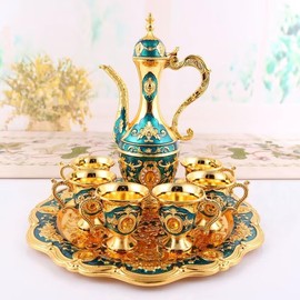 Vintage Turkish Coffee Pot Cups Set with Tray and 6 Cups Retro Coffee Pot Cups Set Exquisite Wine Pot Set Decorative Vintage Tea Service Set for Home Party Decor (Golden Blue)