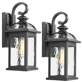 Darkaway Outdoor Lights Fixture Wall Mount, Exterior Wall Light with Water Ripple Glass Waterproof Black Outside Wall Sconce for House Porch Hallway Garage