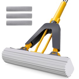 Masthome Sponge Mop,Roller Sponge Mop with 3 Absorbent PVA Mop Refills,Self Squeeze Sponge Mops and Stainless Steel Handle,PVA Sponge Mops for Floor Cleaning