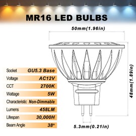 ALIDE MR16 GU5.3 LED Bulbs 50W Halogen Equivalent, 2700K Warm White,MR16 5W 12V Low Voltage Bulbs Spotlights for Outdoor Landscape Flood Track Lighting,Not Dimmable,458lm, 38Deg,3Pack