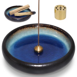 BEYLAB incense holder ceramics, 3 in 1 Incense burner for Palo Santo, Sage, Incense Sticks Coil Incense Cones, smudge bowl, Removable brass ash catcher for Meditation Yoga Room - Blue