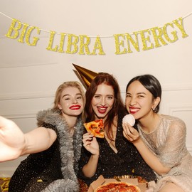 Big Libra Energy Banner, decoración de cumpleaños Virgo, 12 constelaciones del zodiaco decoración de fiesta temática de cumpleaños (purpurina dorada)