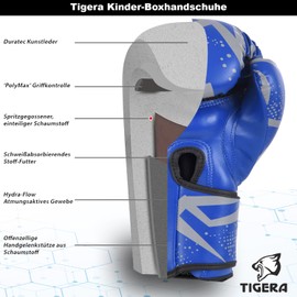 Tigera Children's Boxing Gloves, Kickboxing, Muay Thai Sparring, Training, Punch Bag, Martial Arts, Punching Gloves, Coaching Gloves for Boys, Girls (6 oz, Blue)