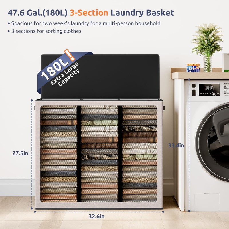 SOLEDI 180L 3-Section Laundry Hamper with Lid, Extra Large Dirty