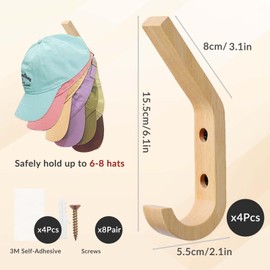 Daily Treasures 4 Pack Hats Storage Wall Mounted,Wooden Hat Rack Hook,Double Hook Design Wall Mounted for Coat,Adhesive/Wall Caps Holder Drilled for Door, Bedroom, Closet（Beech Wood）