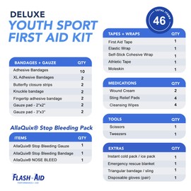 First Aid Kit for Youth Sports (Deluxe Kit) with AllaQuix Stop Bleeding Gauze
