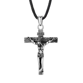 U7 Religious Jewellery INRI Cross Pendant Black Wax Rope Jesus Sterling Silver Crucifix Necklace for Men Women