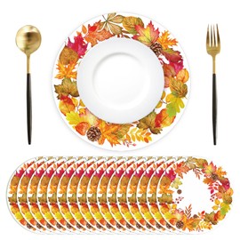 50Pcs Fall Maple Leaf Placemats 13.4 Inch Thanksgiving Decorative Round Paper Place Mat Disposable Paper Table Mats for Autumn Harvest Dining Table Party Supplies
