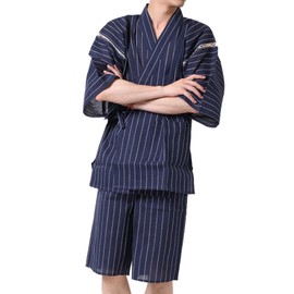 ARCADE Men's Jinbei Top and Bottom 2-Piece Set, Shijira-Woven Jinbei , Japanese Clothing, Summer, Cool, L