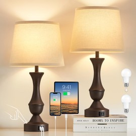 Luvkczc 22" Table Lamp Set of 2 - Vintage Brown Bedside Lamp with Beige Fabric Shade, 3-Way Dimmable, USB C+A Ports, Nightstand Lamp for Living Room Bedroom (Bulb Included)