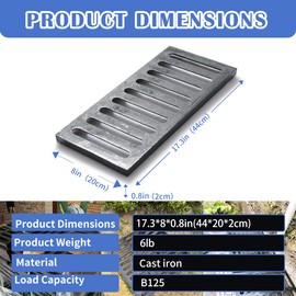 Cast Iron Drain Grate,17.2 * 8in Outdoor Drain Cover, B125 Class Ductile Iron Channel Drainage Grates, Heavy Duty Sewer Grate,Black Rectangle Drain Grate for Yard,Driveway,Concrete Floor.
