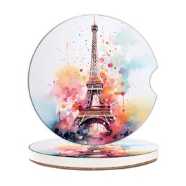Vintage Eiffel Tower Car Coasters 2 Pack for Cup Holders, 2.56 Inch Ceramic and Absorbent Non-Slip Cork Base with A Finger Notch for Women & Men