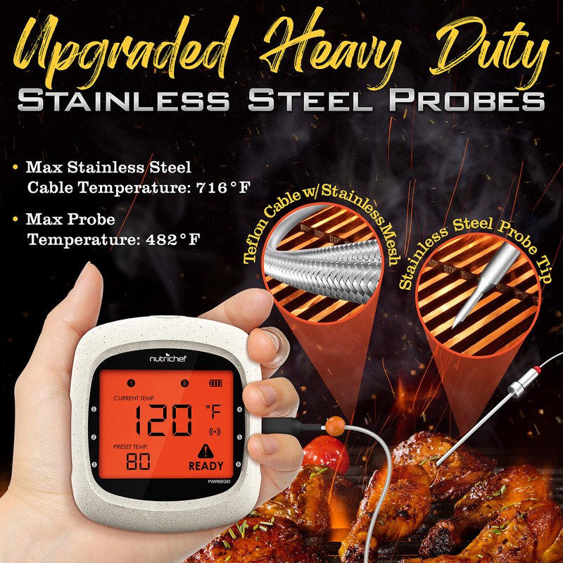 Nutrichef Bluetooth Meat Thermometer for Grilling and Smoking with 6