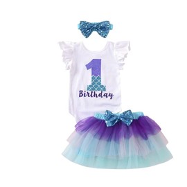 LYQTloml Newborn Baby Girls Baby Girls My 1st Birthday Outfits Romper + Tutu Skirt + Headband Set, Mermaid, 12-18Months
