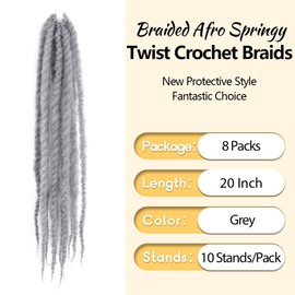 SECPOCPONY Braided Afro Springy Twist Crochet Braids 20 Inch 8 Packs Pre-looped Long Senegalese Twist Crochet Hair Pre Twisted Gray Synthetic Distressed Spring Twist Braiding Hair (Gray)