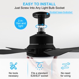 Socket Fan Light With Remote, Screw Ceiling Fans with Lights, 5 Reversible Blades, Quiet 6-Speed DC Motor, Dimmable Socket Fan for Garage Bathroom Kitchen, 6000 Kelvins As Seen On TV (White) (Black)