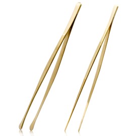 Kyuionty 2Pcs Stainless Steel Tweezers, 12 Inch Long Tweezers with Precision Serrated Tips for Kitchen Cooking, Garden, Repairing (Gold)