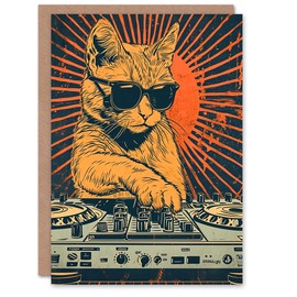 Artery8 Birthday Card Retro Sun DJ Decks Cat Lover Sunglasses For Him Man Male Dad Brother Son Papa Grandad Greeting Card