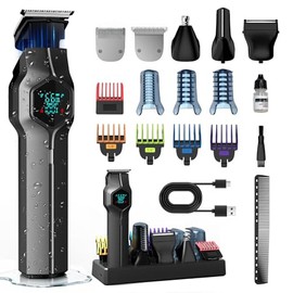 Beard Trimmer for Men, Magnetic Snap-on Replacement Heads & Charging Dock, IPX7 Waterproof Cordless Hair Clippers, Mens Grooming Kits for Mustache/Body/Face/Ear/Nose, Gray