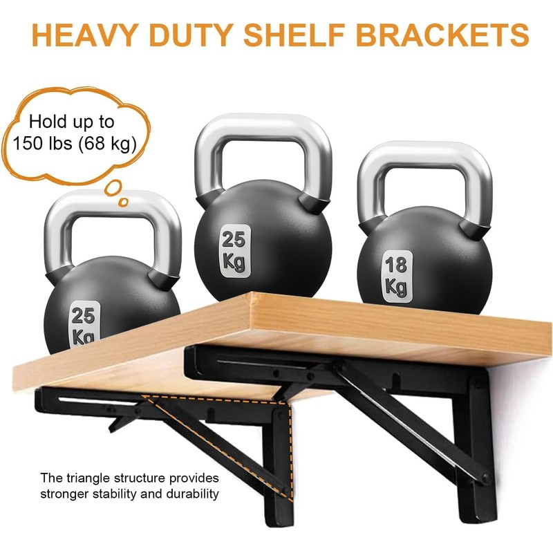 Folding Shelf Brackets 25cm, 2pcs Heavy Duty Metal Collapsible Shelf