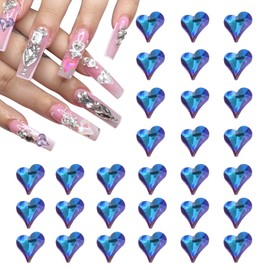 MECCANIXITY 50 Pcs 3D Heart Nail Charm Crystals Nail Gems 8x9mm Crooked Heart-Shape Art Rhinestone Charm for Valentine's Day DIY Decoration, Colorful Blue