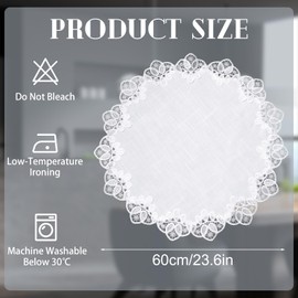 URROMA Round Linen Doily, 24 * 24in White Table Cover with Lace Trim, Coffee Table Topper Vintage Tablecloth for Room Kitchen Wedding Decor (60 * 60cm)