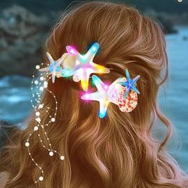 CAKURE Light Up Starfish Hair Clips Led Seashell Hair Clip Barrettes Mermaid Hair Accessories for Women and Girls (Pack of 2)