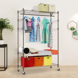 Oliote Rod Garment Rack 3 Tier Metal Wire Shelving Hang Large Rolling Movable Clothes Drying Rack with Lockable Wheels and Pair Side Hooks