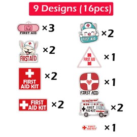 First Aid Sticker Decal Set | Self-Adhesive Vinyl Decals | Emergency Box Package | 9 Designs, 16 Pieces
