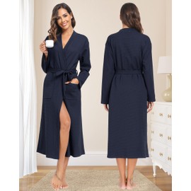 Sopesil Waffle Dressing Gown Women's Bathrobe Unisex Bathrobe Kimono V-Neck Dressing Gown for Spa House and Hotel S-XXL, navy
